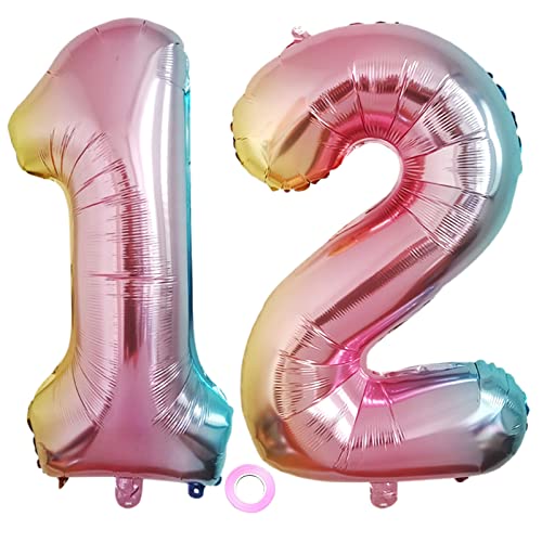 Luftballons Zahl 12, Riesen Folienballon Nummer 12 Regenbogen Damen, Luftballons 12. Geburtstagdeko, 40 Zoll Helium Ballons Aufblasbar Zahl 12 Regenbogen für Geburtstag, Hochzeit, Jubiläum XXL 12 von Shikuer