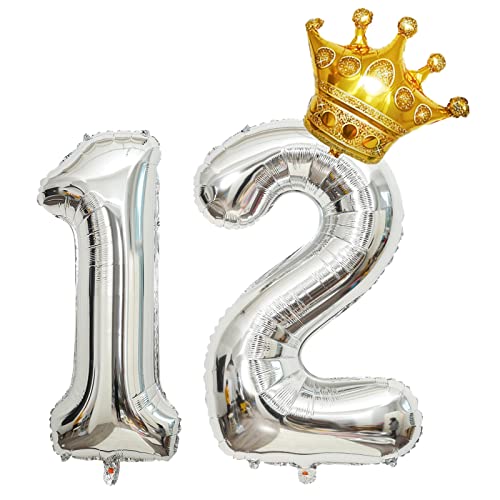 Luftballons Zahl 12 Silber, Riesen Folienballon 12 Geburtstag, Helium Ballons Krone Gold, 40 zoll Aufblasbar Zahlenballon 12 für Geburtstag, Hochzeit, Jubiläum Party Dekoration (XXL 100CM) von Shikuer