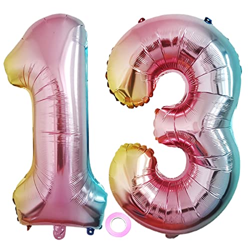 Luftballons Zahl 13, Riesen Folienballon Nummer 13 Regenbogen Damen, Luftballons 13. Geburtstagdeko, 40 Zoll Helium Ballons Aufblasbar Zahl 13 Regenbogen für Geburtstag, Hochzeit, Jubiläum XXL 13 von Shikuer