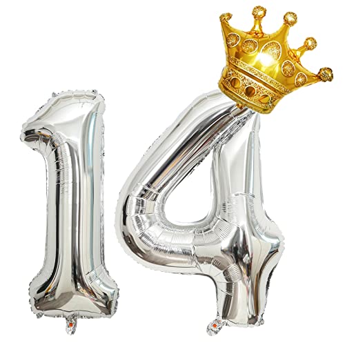 Luftballons Zahl 14 Silber, Riesen Folienballon 14 Geburtstag, Helium Ballons Krone Gold, 40 zoll Aufblasbar Zahlenballon 14 für Geburtstag, Hochzeit, Jubiläum Party Dekoration (XXL 100CM) von Shikuer