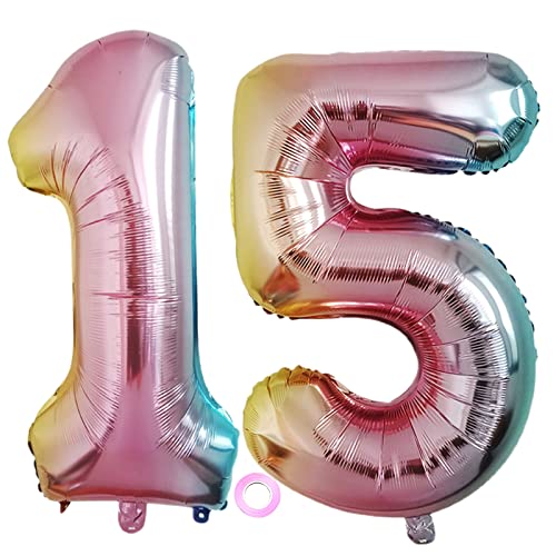 Luftballons Zahl 15, Riesen Folienballon Nummer 15 Regenbogen Damen, Luftballons 15. Geburtstagdeko, 40 Zoll Helium Ballons Aufblasbar Zahl 15 Regenbogen für Geburtstag, Hochzeit, Jubiläum XXL 15 von Shikuer