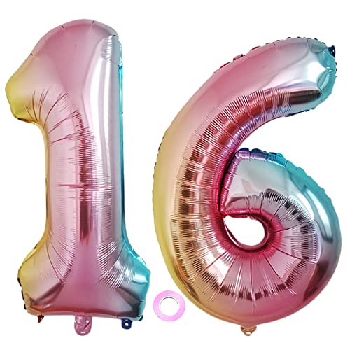 Luftballons Zahl 16, Riesen Folienballon Nummer 16 Regenbogen Damen, Luftballons 16. Geburtstagdeko, 40 Zoll Helium Ballons Aufblasbar Zahl 16 Regenbogen für Geburtstag, Hochzeit, Jubiläum XXL 16 von Shikuer