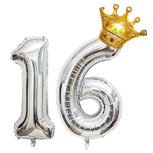 Luftballons Zahl 16 Silber, Riesen Folienballon 16 Geburtstag, Helium Ballons Krone Gold, 40 zoll Aufblasbar Zahlenballon 16 für Geburtstag, Hochzeit, Jubiläum Party Dekoration (XXL 100CM) von Shikuer