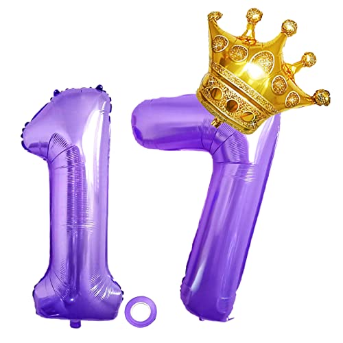 Luftballons Zahl 17, Riesen Folienballon 17, Helium Ballons Krone Luftballons Aufblasbar Gold, Mylar Ballon Zahl 17 Lila für Geburtstag, Jubiläum,Hochzeit Party Deko (XXL 100CM) von Shikuer
