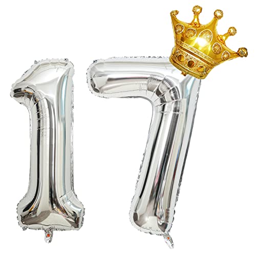 Luftballons Zahl 17 Silber, Riesen Folienballon 17 Geburtstag, Helium Ballons Krone Gold, 40 zoll Aufblasbar Zahlenballon 17 für Geburtstag, Hochzeit, Jubiläum Party Dekoration (XXL 100CM) von Shikuer