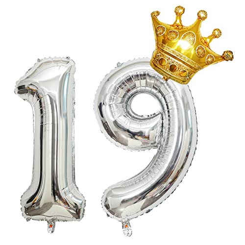 Luftballons Zahl 19 Silber, Riesen Folienballon 19 Geburtstag, Helium Ballons Krone Gold, 40 zoll Aufblasbar Zahlenballon 19 für Geburtstag, Hochzeit, Jubiläum Party Dekoration (XXL 100CM) von Shikuer