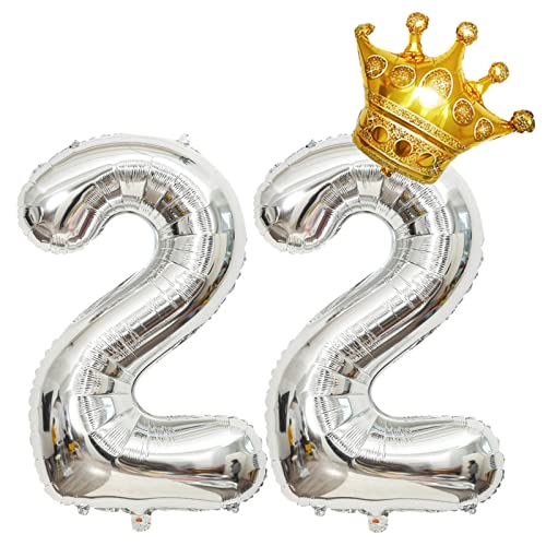 Luftballons Zahl 22 Silber, Riesen Folienballon 22 Geburtstag, Helium Ballons Krone Gold, 40 zoll Aufblasbar Zahlenballon 22 für Geburtstag, Hochzeit, Jubiläum Party Dekoration (XXL 100CM) von Shikuer
