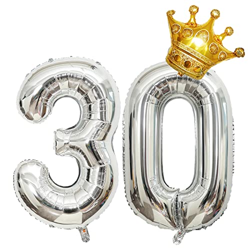 Luftballons Zahl 30 Silber, Riesen Folienballon 30 Geburtstag, Helium Ballons Krone Gold, 40 zoll Aufblasbar Zahlenballon 30 für Geburtstag, Hochzeit, Jubiläum Party Dekoration (XXL 100CM) von Shikuer