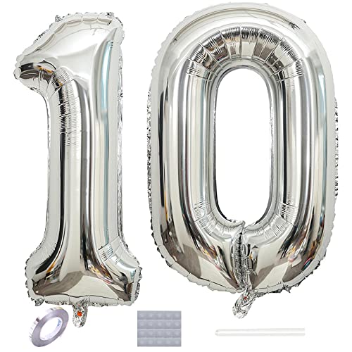 Shikuer Luftballons Zahl 10 Riesen Folienballon Nummer 10 Silber Damen,Luftballons 10. Geburtstagdeko, 40 Zoll Helium Ballons Aufblasbar Zahl 10 Silber für Geburtstag, Hochzeit, Jubiläum XXL von Shikuer