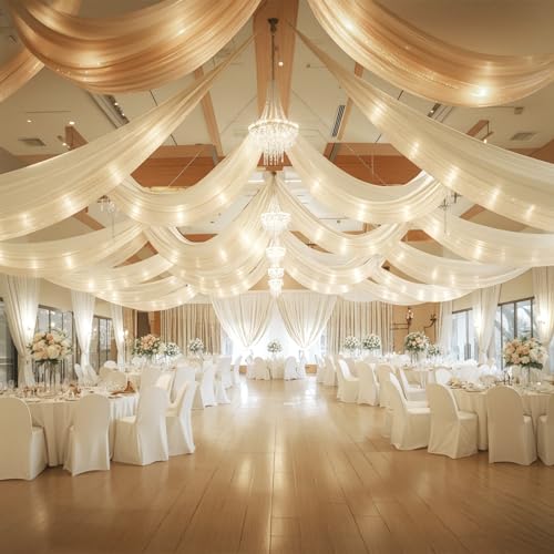 6 Paneele, elfenbeinfarbene Deckenvorhänge mit Lichterkette, für Hochzeiten, Deckenvorhänge, 1,5 x 9,1 m, Hochzeitsdrapierstoff, durchscheinende Vorhänge, Tüll, Deckenvorhänge, Hochzeitsdekorationen 6 Paneele, elfenbeinfarbene Deckenvorhänge mit Lichterkette, für Hochzeiten, Deckenvorhänge, 1,5 x 9,1 m, Hochzeitsdrapierstoff, durchscheinende Vorhänge, Tüll, Deckenvorhänge, Hochzeitsdekorationen von Shillance