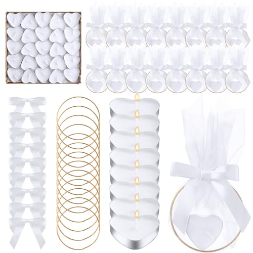 Shimeyao 100 Sets Hochzeitsgeschenke für Gäste, Großpackung 100 herzförmige Kerzen, 100 Metallringe, 7,6 cm, 100 Organza-Beutel, 100 Schleifenbänder, DIY-Hochzeitsgeschenke für Partyzubehör, Geschenk von Shimeyao