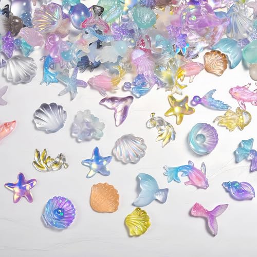 Shimmerz 100 Stück Sommer Strand Nagel Hartharz Anhänger, Sommer Ozean Thema Nagel Strass Diamanten, 3D Seestern Anhänger mit Muschel Seestern Nixe Schwanz von Shimmerz