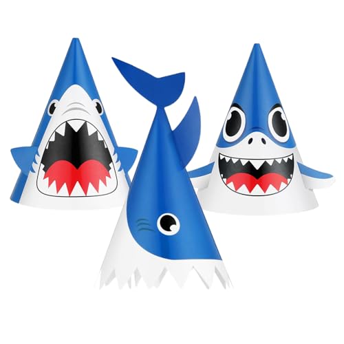 Shimmerz 12 Stück 3 Designs Haifisch Geburtstagsmützen 32x20 cm Pappe witzige Motto Kopfbedeckung Kinder Erwachsene Party Deko Mitgebsel von Shimmerz