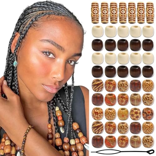 Shimmerz 60 Stück Vintage Runde Naturholz Haarperlen, Schmuckperlen für Haar Holz Vielformige Perlen für Halskette Armreif Haar DIY Handwerk Handgemacht Deko von Shimmerz