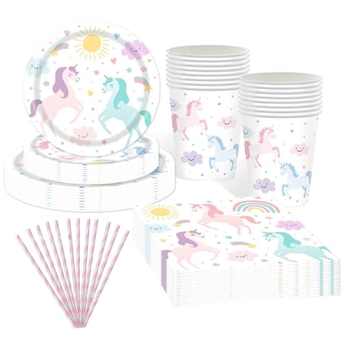 Shimmerz Einhorn Pappteller und Becher Set, 16 Gäste Einhorn Geburtstags Geschirr, Einhorn Deko Kindergeburtstag Kinder Besteck Teller Becher Servietten Shimmerz Einhorn Pappteller und Becher Set, 16 Gäste Einhorn Geburtstags Geschirr, Einhorn Deko Kindergeburtstag Kinder Besteck Teller Becher Servietten von Shimmerz
