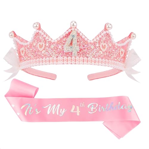 Shimmerz Geburtstagskrone Stirnband, Krone und Schleife, Stirnband Prinzessin Rosa Krone, 4 Jahre altes Mädchen Geburtstagsgeschenk Outfit Geburtstagsdecoration Shimmerz Geburtstagskrone Stirnband, Krone und Schleife, Stirnband Prinzessin Rosa Krone, 4 Jahre altes Mädchen Geburtstagsgeschenk Outfit Geburtstagsdecoration von Shimmerz
