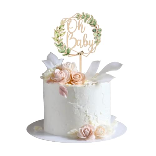 Shimmerz Oh Baby Holz Kuchenstäbchen, mit grünen Blättern und Kranzgestaltung, geeignet für Baby Taufpartys, Baby Duschen und Kindergeburtstage von Shimmerz