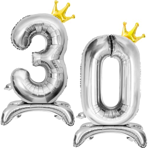Luftballon 30 Geburtstag, Stehend Folienballon 30 Zahlen Luftballon Silber 32"/81cm Folienballon Geburtstag Deko Männer Frau von Shinelee
