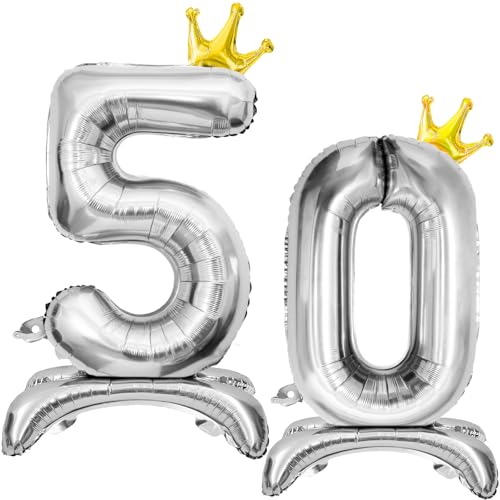 Luftballon 50 Geburtstag, Stehend Folienballon 50 Zahlen Luftballon Silber 32"/81cm Folienballon Geburtstag Deko Männer Frau von Shinelee