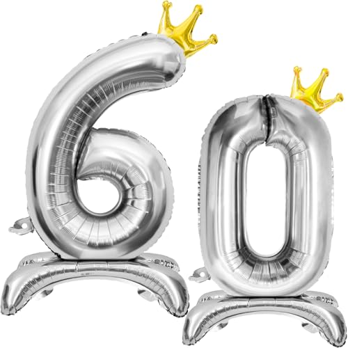Luftballon 60 Geburtstag, Stehend Folienballon 60 Zahlen Luftballon Silber 32"/81cm Folienballon Geburtstag Deko Männer Frau von Shinelee