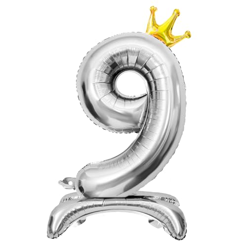 Luftballon 9. Geburtstag, Stehend Folienballon 9 Zahlen Luftballon Silber 32"/81cm Folienballon Geburtstag Deko Junge Mädchen von Shinelee