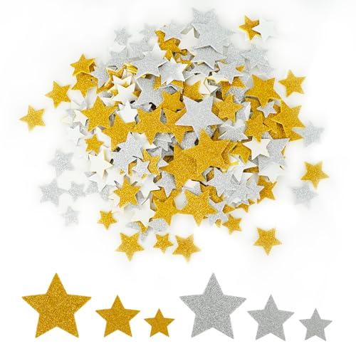 450 Stück Sterne Moosgummi Glitzer, Sticker Glitzer, 2 + 3 cm ø Glitzer Sticker, Selbstklebend Aufkleber Sterne, Für DIY Basteln Gestalten Handwerk, Sammelalben Grußkarten (Gold- und Silbersterne) von ShinherYee