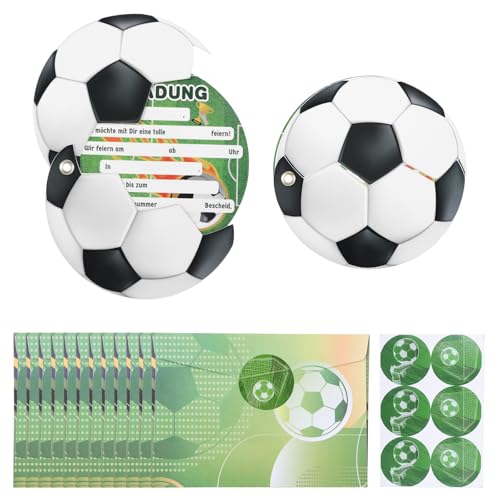 ShinherYee 12x Fussball Einladungskarten Jungen Set[Grußkarte + Umschlag + Aufkleber], Einladungskarten Fussball, Einladungskarten Kindergeburtstag Fußball, Fussball Deko Geburtstag Kinder von ShinherYee