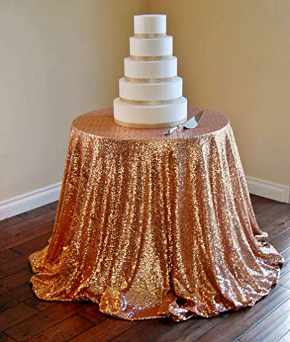 ShinyBeauty Runde 125 cm Roségold Glitzer Pailletten Tischdecke für Partys, Hochzeit, Feier, 122 cm x 125 cm, 12 Personen, Netzgewebe von ShinyBeauty
