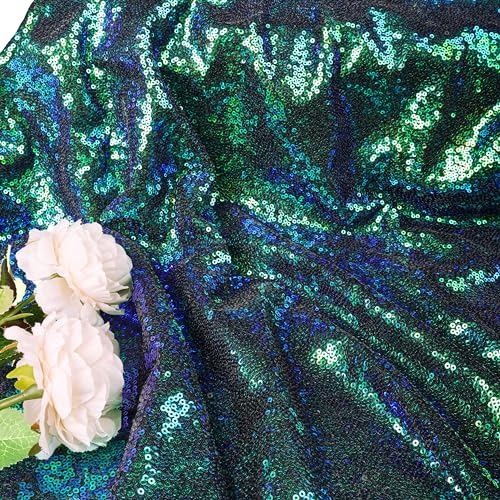 ShinyBeauty Pailletten-Stoff Meterware Schwarz 92CM Sparkly Glitzernder Stoff, 1 Meter, Pfauen Grün von ShinyBeauty
