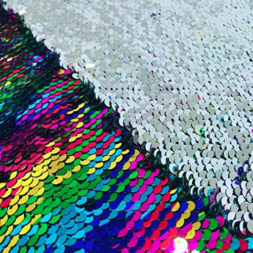 ShinyBeauty Paillettenstoff Material Meerjungfrau Stoff von Das Hof zweifarbige Pailletten Stoff Sequenz Stoff reversible Stoffe (1 Yard, Regenbogen Silber) von ShinyBeauty