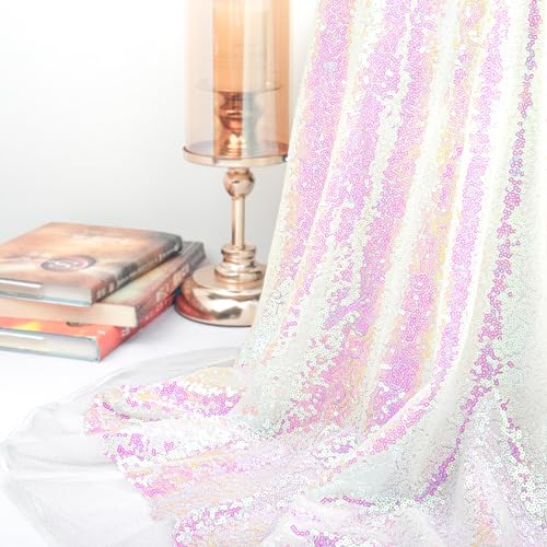 ShinyBeauty Weiß Pailletten Stoff Meerjungfrau Stoff gewechselt weiß Glitter Material 200 cm Länge Tischdecke glitzernd Tischläufer, Materialien von ShinyBeauty