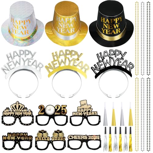 ShinyMatch Silvester-Party-Zubehör für Silvester 2025, Neujahrsdekorationen, 12 Geräuschmacher, 3 schwarze, silberfarbene und goldene Partyhüte, 6 Diademe, 6 Halsketten, 6 Neujahrsbrillen, 6 Hörner ShinyMatch Silvester-Party-Zubehör für Silvester 2025, Neujahrsdekorationen, 12 Geräuschmacher, 3 schwarze, silberfarbene und goldene Partyhüte, 6 Diademe, 6 Halsketten, 6 Neujahrsbrillen, 6 Hörner von ShinyMatch