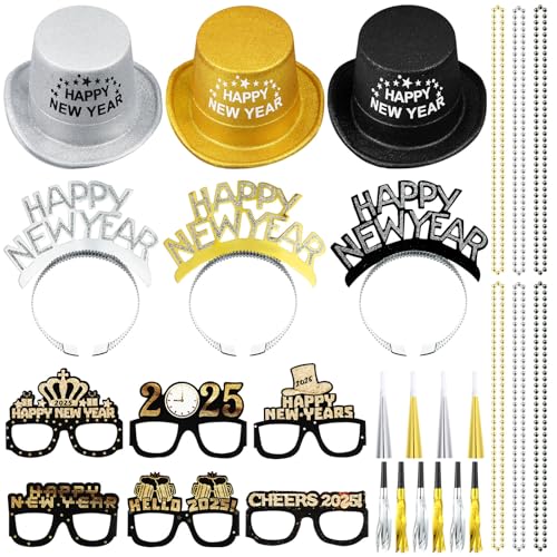 ShinyMatch Silvester-Partyzubehör 2025, 3 schwarze, silberfarbene und goldene Zylinderhüte, 6 Diademe für das neue Jahr, 6 Gläser, 6 Perlenketten, 12 Geräuschmacher, 6 Hörner für Erwachsene ShinyMatch Silvester-Partyzubehör 2025, 3 schwarze, silberfarbene und goldene Zylinderhüte, 6 Diademe für das neue Jahr, 6 Gläser, 6 Perlenketten, 12 Geräuschmacher, 6 Hörner für Erwachsene von ShinyMatch