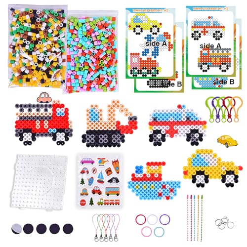 Shinybox 10mm Bügelperlen Set, 1000 Stück XL Bügelperlen 12 Farben mit Steckplatte, 5 Bügelpapier, 10 Muster und Zubehör, Kreatives Perlenset Basteln Geschenk für Kinder ab 3 Jahren(Fahrzeug) von Shinybox