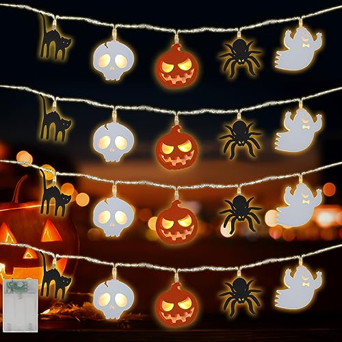 Shinybox Halloween Lichterketten, 3M 20LEDs Halloween Deko Lichter, Kürbis Geist Spinne Fledermaus Skelett Lichterkette, Dekoration Lichter Batteriebetrieben für Halloween Hause Party Deko von Shinybox