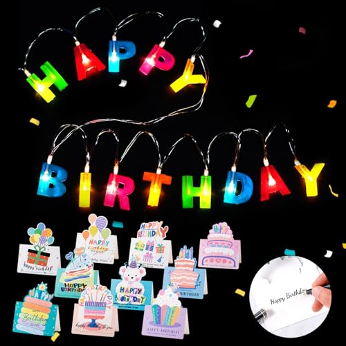 Shinybox Happy Birthday Lights Lichterkette mit 13 LEDs, Bunte Buchstaben Lichterkette mit 10 Geburtstagskarten, Batteriebetrieben, Happy Birthday Partydekoration für Weihnachten, Party, Geburtstag von Shinybox