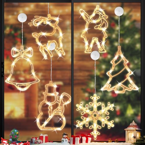 Shinybox LED Vorhang Licht, 6er Set LED Saugnapf Weihnachten Lichter, Weihnachtsbeleuchtung Fenster Kinder, Weihnachten Saugnapf LED Deko, Weihnachtsbeleuchtung Hängend Fensterlicht, Weihnachtsdeko von Shinybox