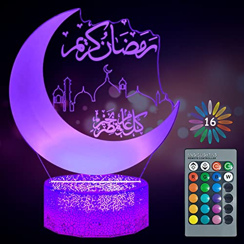 Shinybox Ramadan Dekoration LED DIY Lamp, Mubarak Ramadan LED Lampe, 3D 16 Farben Ramadan Mondlampe Farbwechsellampe mit Fernbedienung, Eid Dekorationen für Outdoor Indoor Party Deko(A) von Shinybox