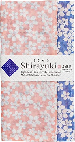 Shirayuki Japanisches Geschirrtuch, wendbar, KYO-Yuzen, aus mehrlagigem, feinem Netzstoff, hergestellt in Japan (Pink & Blau, Kirschblüten) von Shirayuki