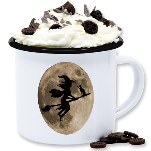 Emaille Tasse Blechtasse - Tassen - Hexe Halloween Hexen auf Besen Vollmond Katze Witch Mond - 300 ml - Weiß Schwarz - kaffee haloween outfits fliegende becher hellowee bild gruselig helloween von Shirtracer