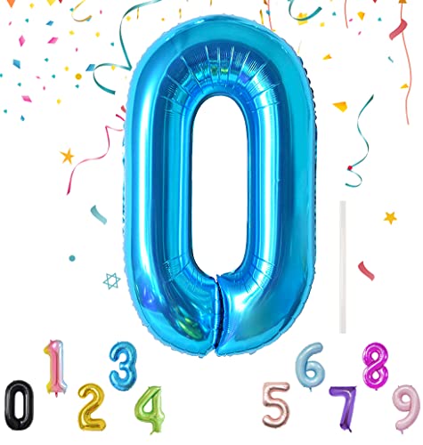 Luftballon mit Strohhalm 100cm-40" XXL Riesen Folienballon für Geburtstagsdeko Jubiläum, Helium Zahlenballon für Deko zum Party, Wiederverwendbare Folienballons - Blau Zahlen 0 Luftballon von Shonye