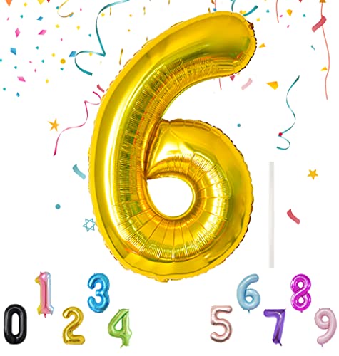 Luftballon mit Strohhalm 100cm-40" XXL Riesen Folienballon für Geburtstagsdeko Jubiläum, Helium Zahlenballon für Deko zum Party, Wiederverwendbare Folienballons - Gold Zahlen 6 Luftballon von Shonye