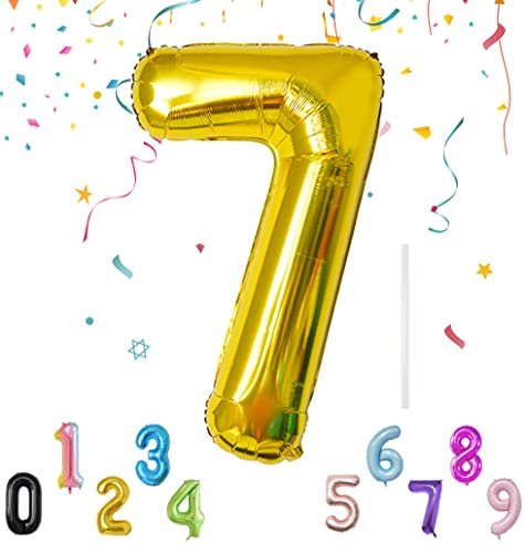 Luftballon mit Strohhalm 100cm-40" XXL Riesen Folienballon für Geburtstagsdeko Jubiläum, Helium Zahlenballon für Deko zum Party, Wiederverwendbare Folienballons - Gold Zahlen 7 Luftballon von Shonye