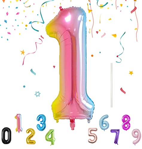 Luftballon mit Strohhalm 100cm-40" XXL Riesen Folienballon für Geburtstagsdeko Jubiläum, Helium Zahlenballon für Deko zum Party, Wiederverwendbare Folienballons - Gradient Zahlen 1 Luftballon von Shonye