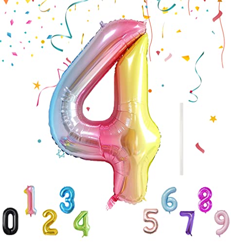 Luftballon mit Strohhalm 100cm-40" XXL Riesen Folienballon für Geburtstagsdeko Jubiläum, Helium Zahlenballon für Deko zum Party, Wiederverwendbare Folienballons - Gradient Zahlen 4 Luftballon von Shonye
