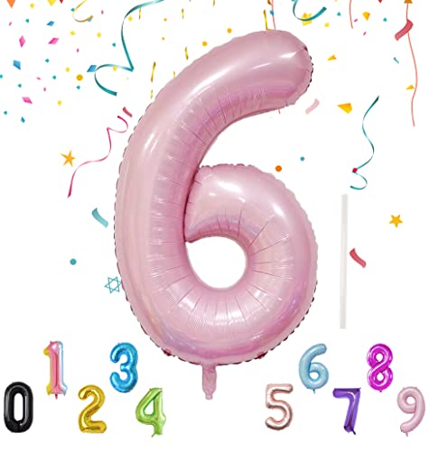 Luftballon mit Strohhalm 100cm-40" XXL Riesen Folienballon für Geburtstagsdeko Jubiläum, Helium Zahlenballon für Deko zum Party, Wiederverwendbare Folienballons - Rosa Zahlen 6 Luftballon von Shonye