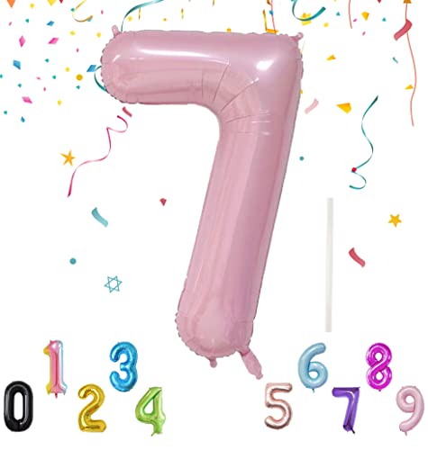 Luftballon mit Strohhalm 100cm-40" XXL Riesen Folienballon für Geburtstagsdeko Jubiläum, Helium Zahlenballon für Deko zum Party, Wiederverwendbare Folienballons - Rosa Zahlen 7 Luftballon von Shonye