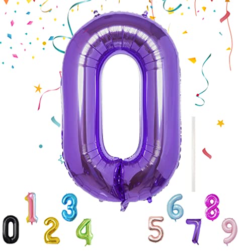 Luftballon mit Strohhalm 100cm-40" XXL Riesen Folienballon für Geburtstagsdeko Jubiläum, Violett Helium Zahlenballon für Deko zum Party, Wiederverwendbare Folienballons - Lila Zahlen 0 Luftballon von Shonye
