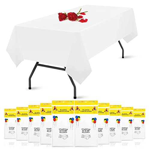 Showgeous 10er-Pack Kunststoff-Tischdecken, rechteckige Einweg-Tischdecken, 137 x 274 cm, für 6 bis 8 Fuß große Tische, Partys, Geburtstage, Hochzeiten, Weihnachten, Jubiläum, Buffettisch (weiß) von Showgeous