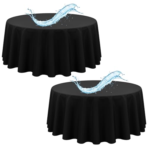 2er-Pack Schwarze runde Tischdecken, 305 cm, Schwarze Tischdecken, wasserdichte Polyester-Tischdecke für runde Tische, Flecken- und knitterfrei, waschbare Stoff-Tischdecke für Party, Hochzeit, Essen von Showgeous